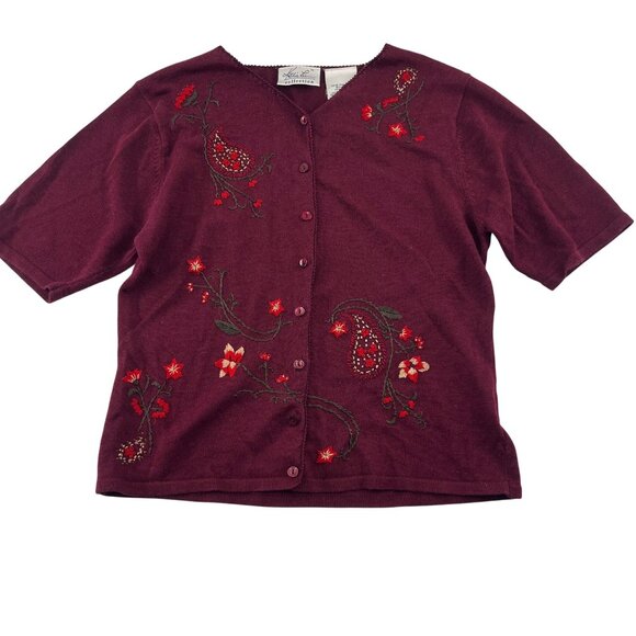 Kathy Lee Collection Women's Burgundy Embroidered Cardigan Sz Small Short Sleeve - Picture 1 of 5